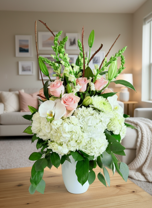 Floral arrangement with white and pink flowers in a vase on a light background
