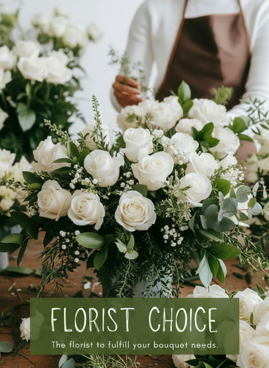 A hand-tied bouquet with white and green flowers, labeled 'FLORIST CHOICE' on the front.
