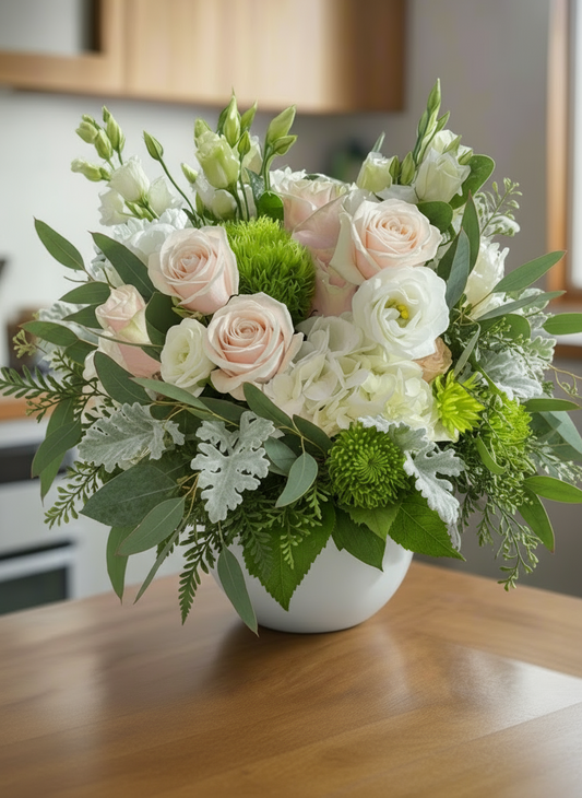 Floral arrangement in a kitchen setting with wooden cabinets and a window.