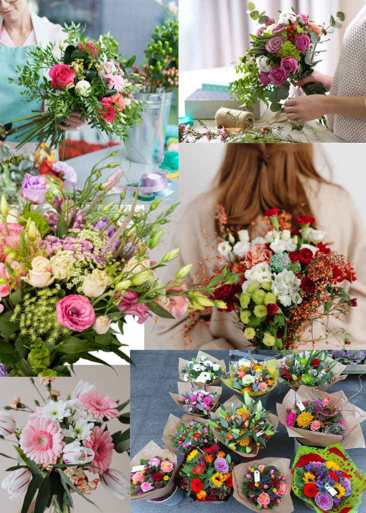 Collage of various flower bouquets in different settings