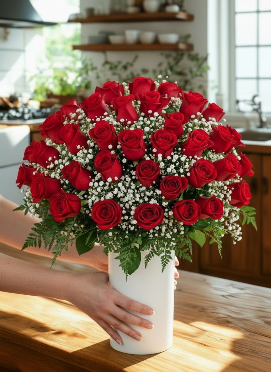 Bouquet of red roses in a white vase on a wooden table with a kitchen background