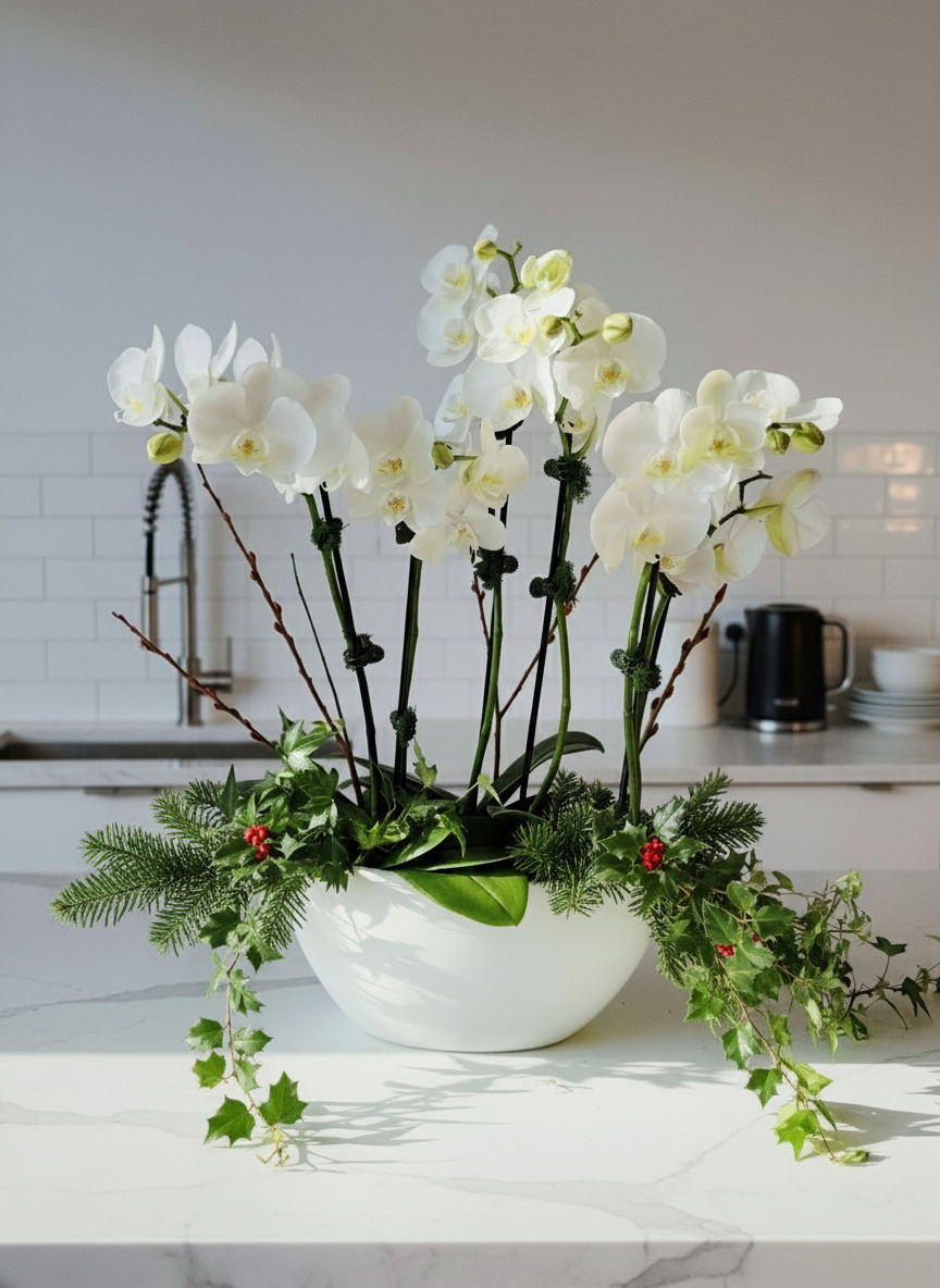 White orchids in a white vase on a kitchen counter with a blurred background