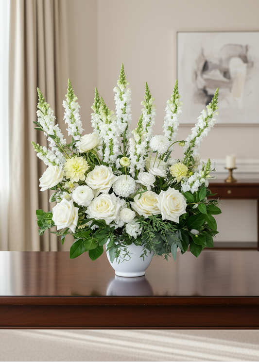 hite and green floral arrangement from Bloom & Petals Oakville flower shop, featuring fresh white flowers and vibrant green foliage.