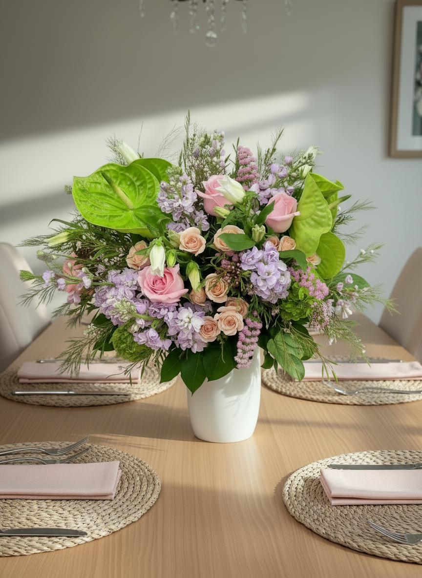 Floral arrangement in a white vase on a wooden table with placemats and cutlery.
