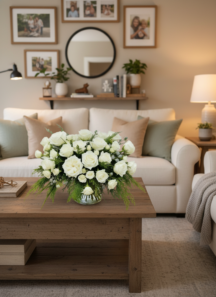 Bouquet of white roses with greenery in a clear vase on a white background