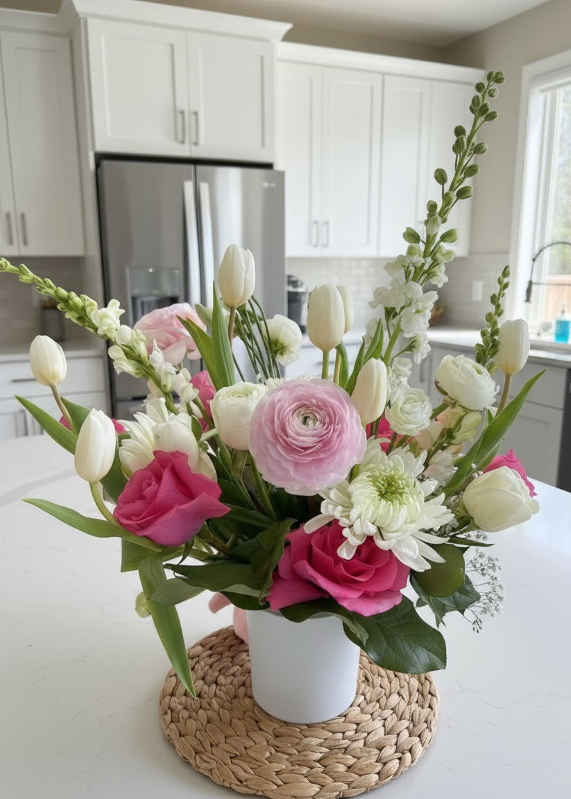 Floral arrangement in a white vase on a kitchen counter