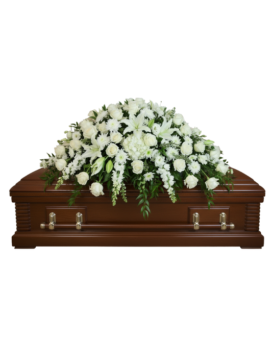 Brown casket with white flowers on a white background