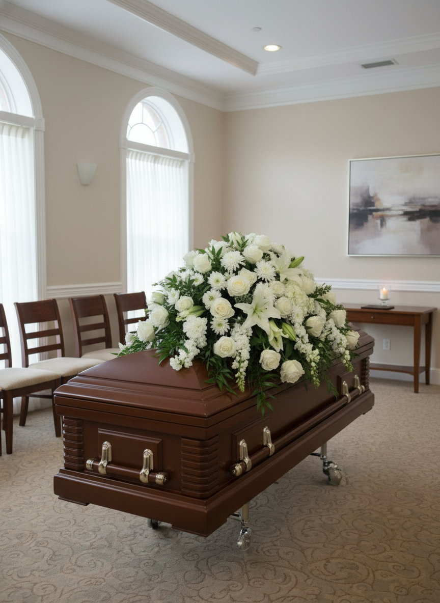 Brown casket with white flowers on a white background