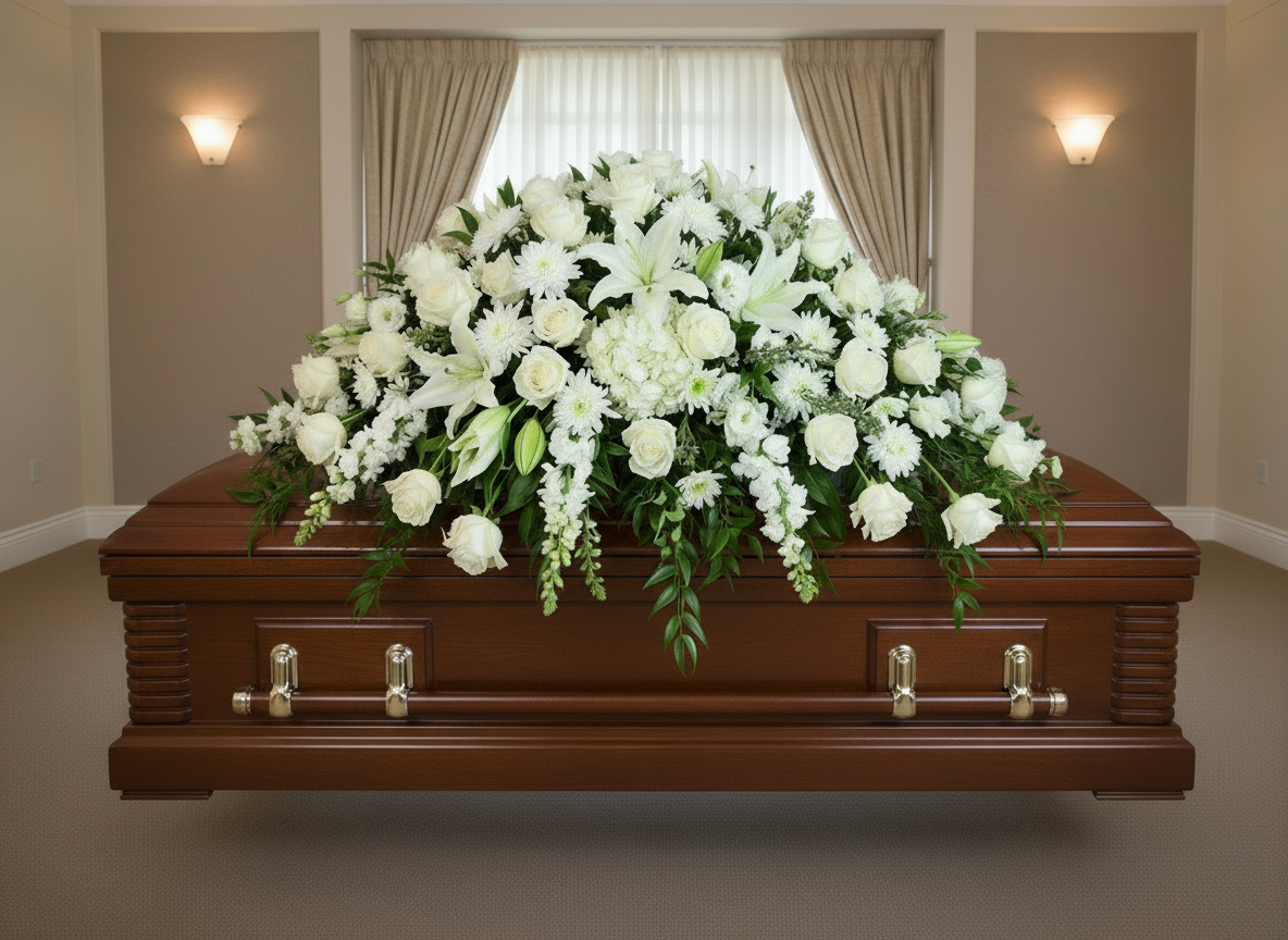 Floral arrangement on a wooden casket against a plain background