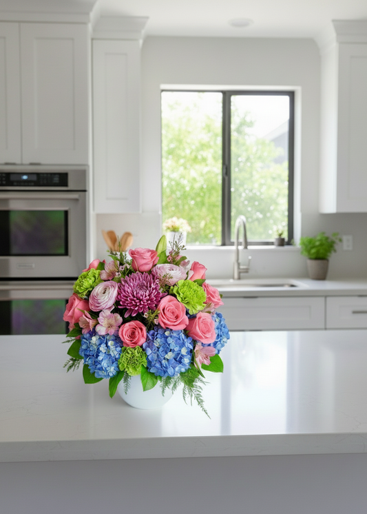 Colorful flower bouquet with red, pink, green, and blue flowers in a white vase on a light gray background.