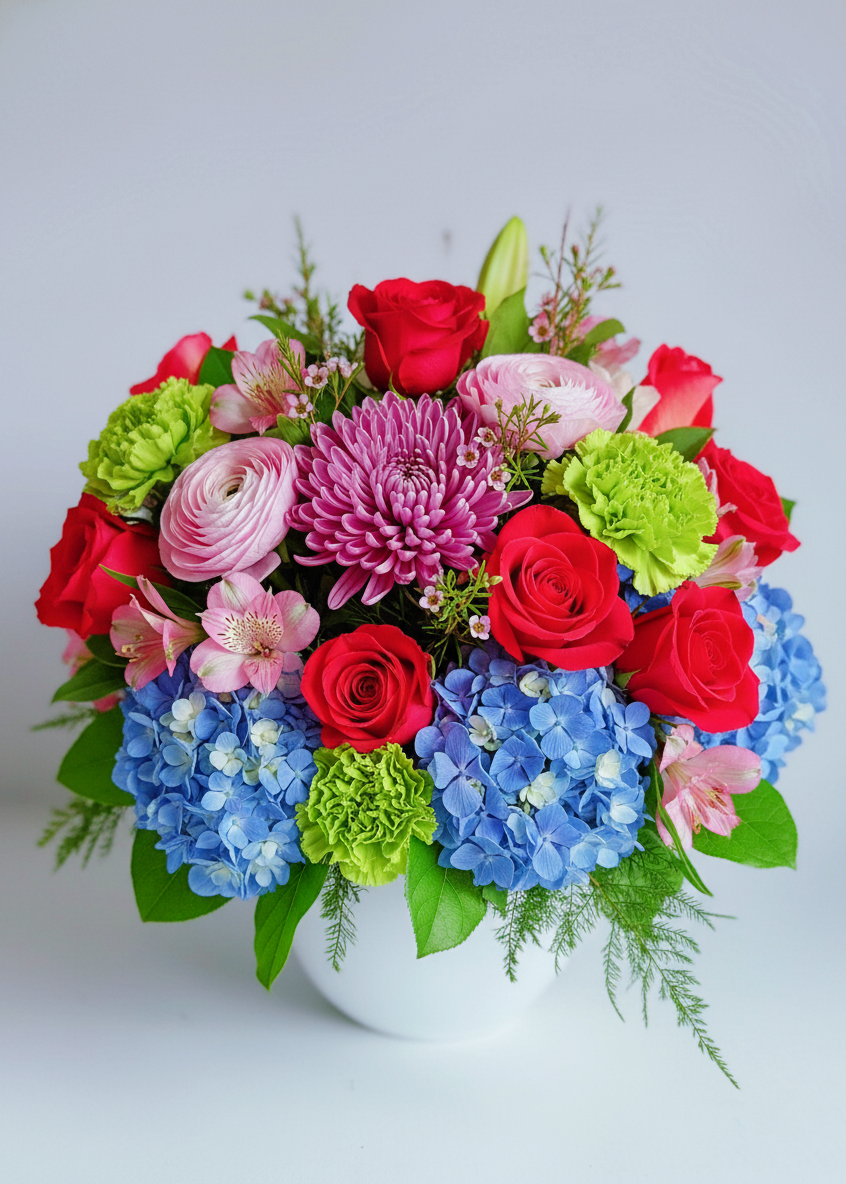 Colorful flower arrangement with red, pink, green, and blue flowers in a white vase on a light grey background.