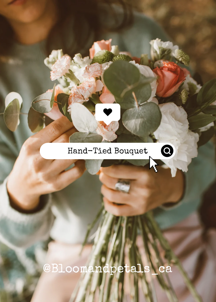 A person holding a hand-tied bouquet of flowers with various types of flowers including roses and eucalyptus leaves.