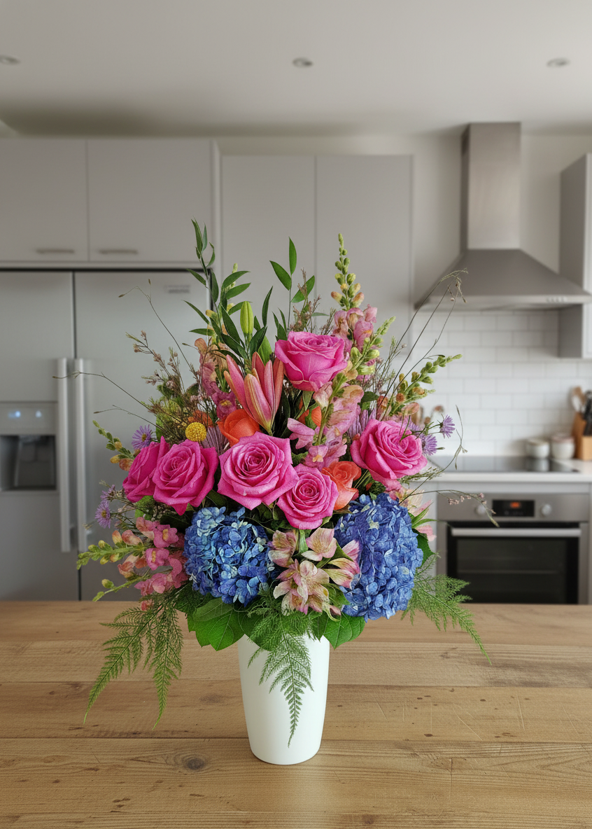 FLower arrangement in tall white vase with mix flowers 