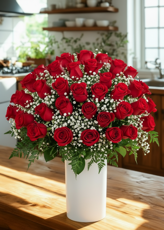 Bouquet of red roses in a white vase on a wooden table with a kitchen background