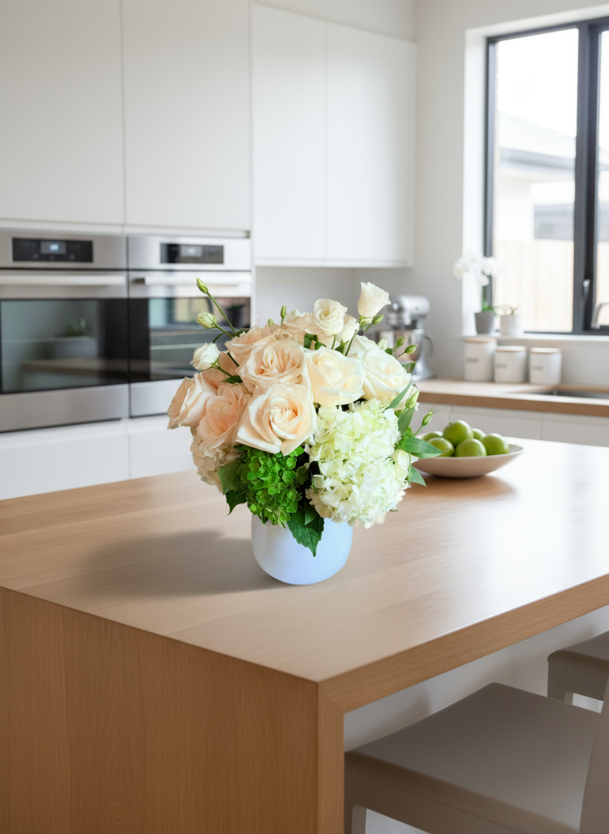 Floral arrangement on a kitchen island with modern appliances in the background