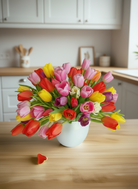 Bouquet of colorful tulips in a white vase on a wooden surface with a light background