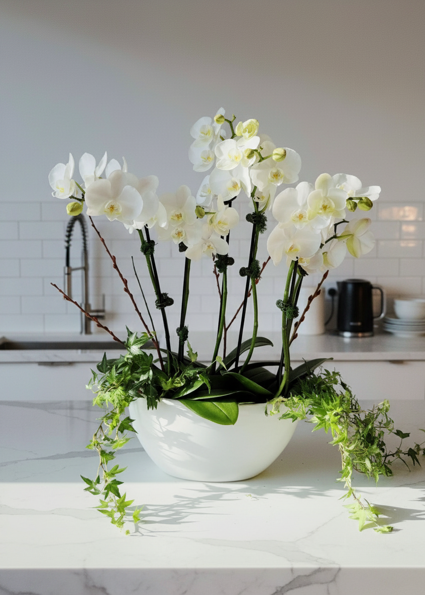 A floral arrangement featuring white orchids and green ivy in a white container, with a green and white mossy base.