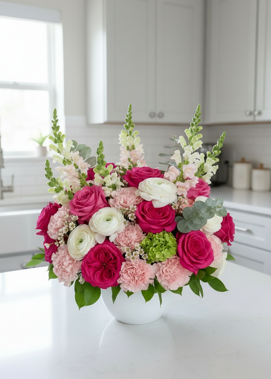 pink rose and white ranunculus and snapdragon flower arrangement 