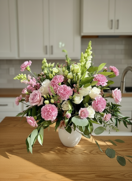 A floral arrangement featuring soft pink and pristine white flowers with lush greenery in a tall glass vase.