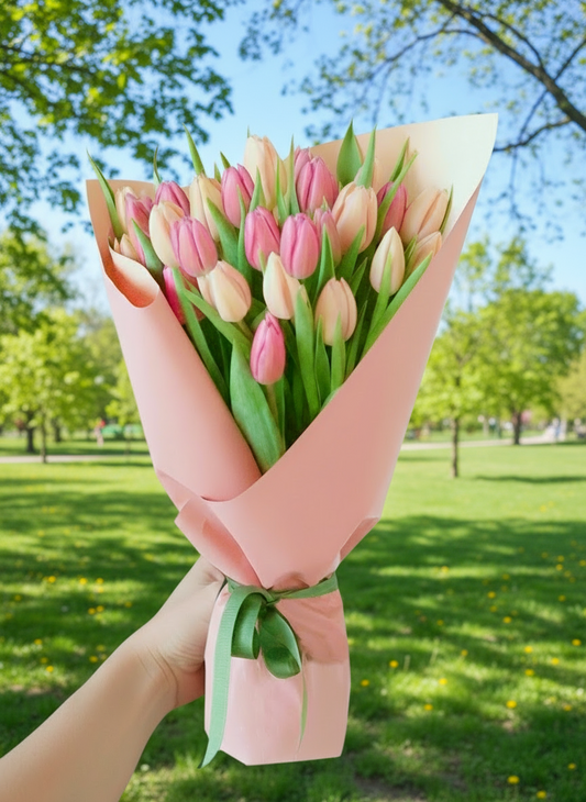 A hand-tied bouquet of colorful tulips wrapped in pink paper with a ribbon, standing in a room with natural lighting.