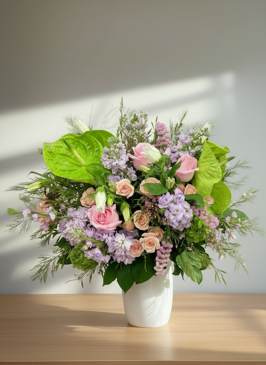 A floral arrangement featuring green anthurium, soft pink roses, delicate spray roses, and fragrant purple stock, with seasonal greenery and filler blooms, in a white vase.