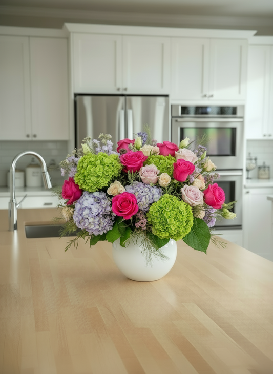 Bouquet of flowers in a kitchen setting