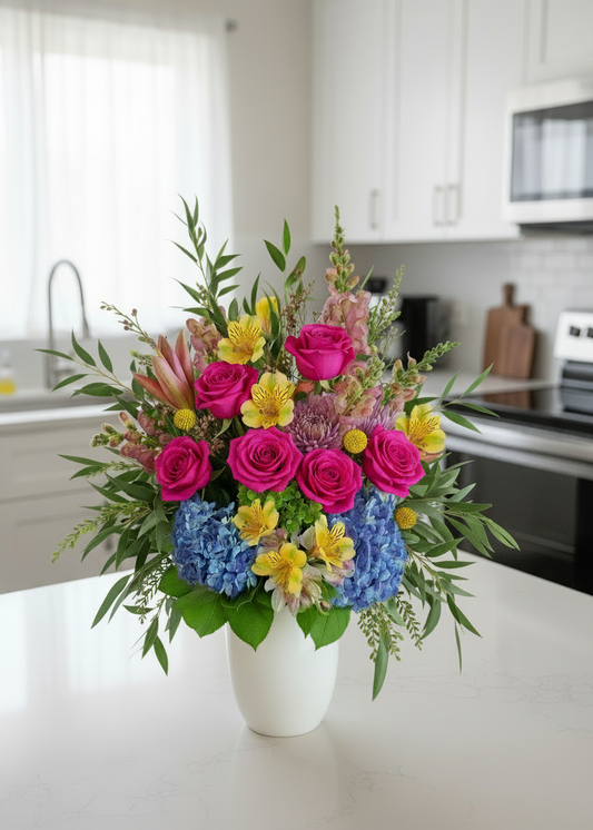Colorful flower arrangement in a kitchen setting