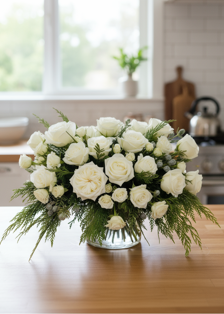 Flower arrangement of white roses with greenery in a clear vase on a white background